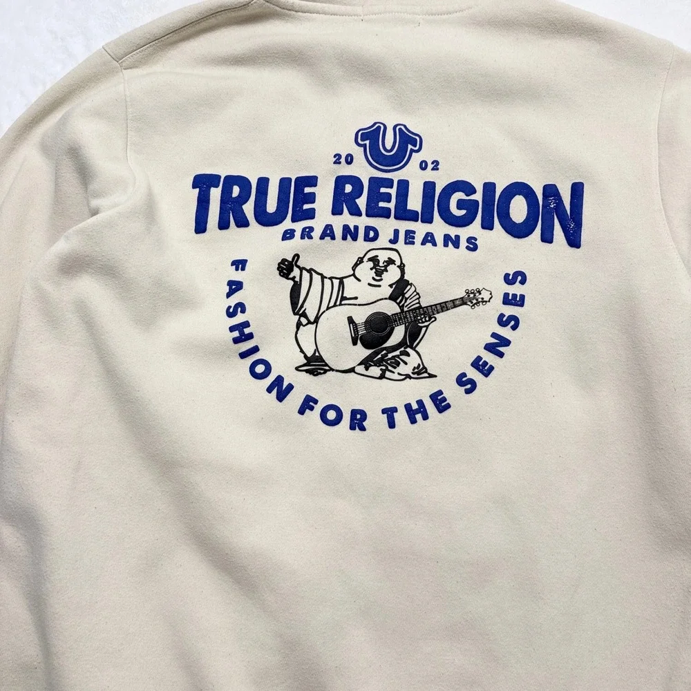 True Religion Mens Core Zip Up Hoodie Cream Buddha Graphic 105621R Large
